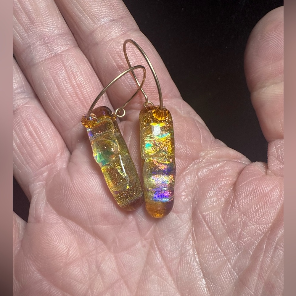 Artsy‎ Gold Tone and Multicolor Glass Dangle Hoops Earrings